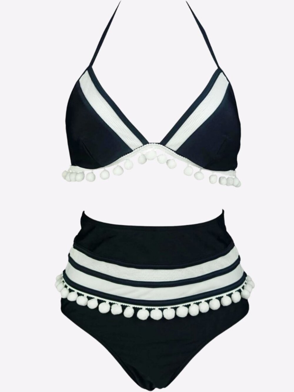 Bikini Black/White High Waisted Pom Pom Detail Sz Small US 4 Womens Cocoship